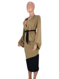 Fall Sexy Kahaki Contast Black Belt Long Sleeve Chest Wrap Top And Skirt Two Pice Set