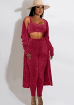 Winter Sexy Red Vest And Long Slevee Coat And Pant 3 Piece Set