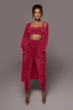 Winter Sexy Red Vest And Long Slevee Coat And Pant 3 Piece Set