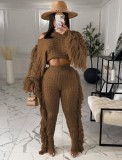 Winter Casual Brown Tassels Sweater Crop Top and Pants 2PC Knit Set