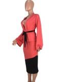Fall Sexy Red Contast Black Belt Long Sleeve Chest Wrap Top And Skirt Two Pice Set