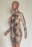 Fall Sexy Snake Print Turndown Collar Long Sleeve Bodycon Dress