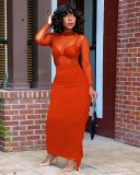 Fall Sexy Red See Through Long Sleeve Top And Long Skirt Two Piece Set
