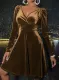 Winter Sexy Brown V Neck Long Sleeve Velvet Dress