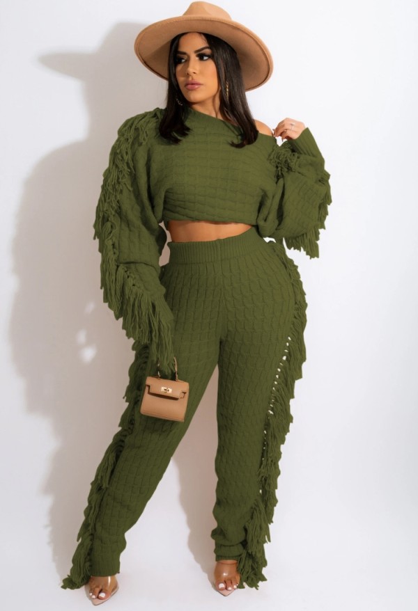 Winter Casual Green Tassels Sweater Crop Top and Pants 2PC Knit Set