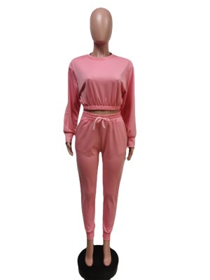 Winter Casual Pink Round Neck Long Sleeve Crop Top And Pant Two Piece Set