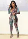 Fall Sexy Fashion Stripe Print Turndown Collar Long Sleeve Crop Top And Pant Two Piece Set