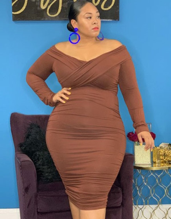 Winter Brown Off Shoulder Long Sleeves Ruched Plus Size Club Dress