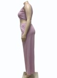 Summer Purple Cut Out Sleeveless Crop Top and Long Skirts Plus Size Two Piece Set