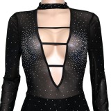 Autumn Black Beading Mesh See Through Sexy Cut Out Party Jumpsuit