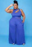 Summer Blue Cut Out Sleeveless Crop Top and Long Skirts Plus Size Two Piece Set