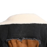 Winter Black Denim Patch Fleece Full Sleeves Thick Long Coat
