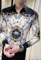 Autumn Retro Print Turndown Collar Long Sleeves Men Shirt