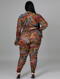 Autumn Print Party Sexy Knotted Crop Top and Pants Plus Size Two Piece Set