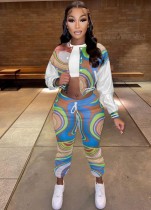 Winter Multi-Color Button Up Crop Top and Pants Two Piece Tracksuit