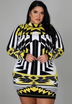 Winter Multi-Color Geommetric Print Long Sleeves Plus Size Club Dress