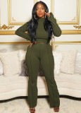 Winter Green Turtleneck Crop Top and Pants Formal Two Piece Set