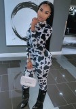 Winter Cow Print Long Sleeves Zipper Party Jumpsuit
