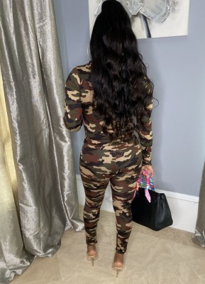 Autumn Camo Print Zipper Fly Hooded Two Piece Pants Set Tracksuit