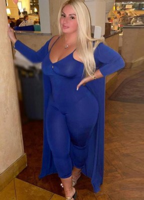 Winter Blue Strap Bodycon Jumpsuit and Matching Cardigans Plus Size Two Piece Set