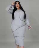 Autumn Grey Long Sleeve Hooded Curvy Plus Size Bodycon Dress