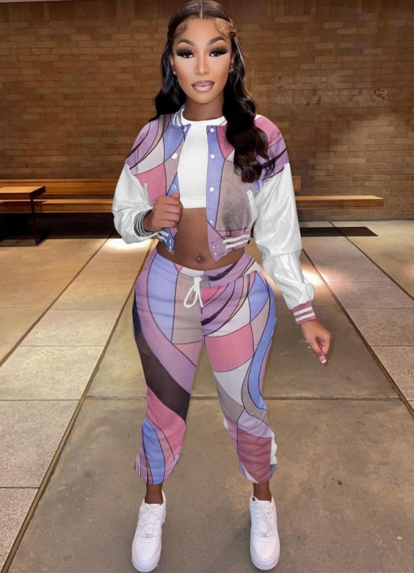 Winter Multi-Color Button Up Crop Top and Pants Two Piece Tracksuit