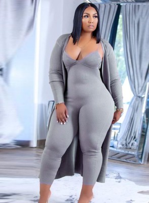 Winter Grey Strap Bodycon Jumpsuit and Matching Cardigans Plus Size Two Piece Set