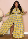 Winter Yellow Plaid Print Long Sleeves Plus Size Maxi Dress