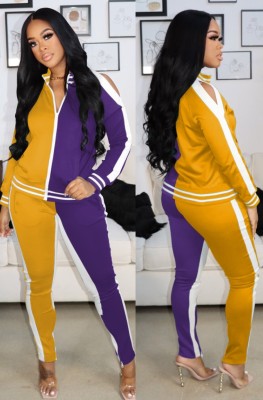 Winter Contrast Color Cut Out Shoulder Zipper Top and Pants Two Piece Tracksuit