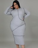 Autumn Grey Long Sleeve Hooded Curvy Plus Size Bodycon Dress