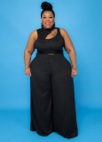Summer Black Cut Out Sleeveless Crop Top and Long Skirts Plus Size Two Piece Set