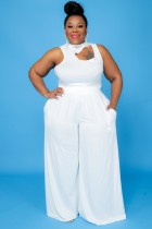 Summer White Cut Out Sleeveless Crop Top and Long Skirts Plus Size Two Piece Set