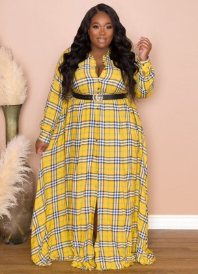 Winter Yellow Plaid Print Long Sleeves Plus Size Maxi Dress