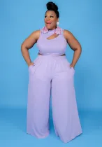 Summer Purple Cut Out Sleeveless Crop Top and Long Skirts Plus Size Two Piece Set