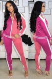 Winter Contrast Color Cut Out Shoulder Zipper Top and Pants Two Piece Tracksuit