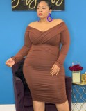 Winter Brown Off Shoulder Long Sleeves Ruched Plus Size Club Dress