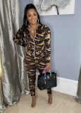 Autumn Camo Print Zipper Fly Hooded Two Piece Pants Set Tracksuit