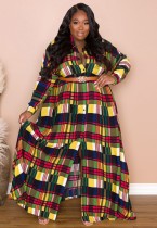 Winter Multi-Color Plaid Print Long Sleeves Plus Size Maxi Dress