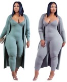 Winter Green Strap Bodycon Jumpsuit and Matching Cardigans Plus Size Two Piece Set