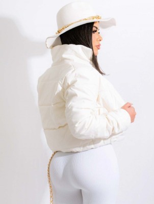 Winter White Leather Zipper Fly Turndown Collar Long Sleeves Downcoat