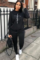 Autumn Black Print O-Neck Top and Pants Two Piece Tracksuit