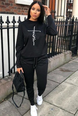 Autumn Black Print O-Neck Top and Pants Two Piece Tracksuit