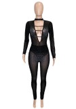 Autumn Black Beading Mesh See Through Sexy Cut Out Party Jumpsuit