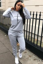 Autumn Grey Print O-Neck Top and Pants Two Piece Tracksuit