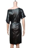 Autumn Black Leather Slash Shoulder Belted Club Dress