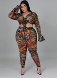 Autumn Print Party Sexy Knotted Crop Top and Pants Plus Size Two Piece Set