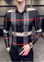 Autumn Plaid Print Turndown Collar Long Sleeves Men Shirt