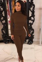 Fall Solid Brown High Neck Slim Long Sleeve Top and Match Two Piece Pants Set