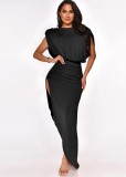 Fall Elegant Black Sleeveless Ruched Split Irregular Party Dress