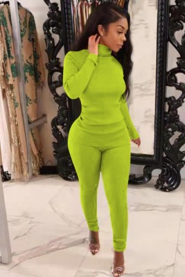 Fall Solid Light Green High Neck Slim Long Sleeve Top and Match Two Piece Pants Set